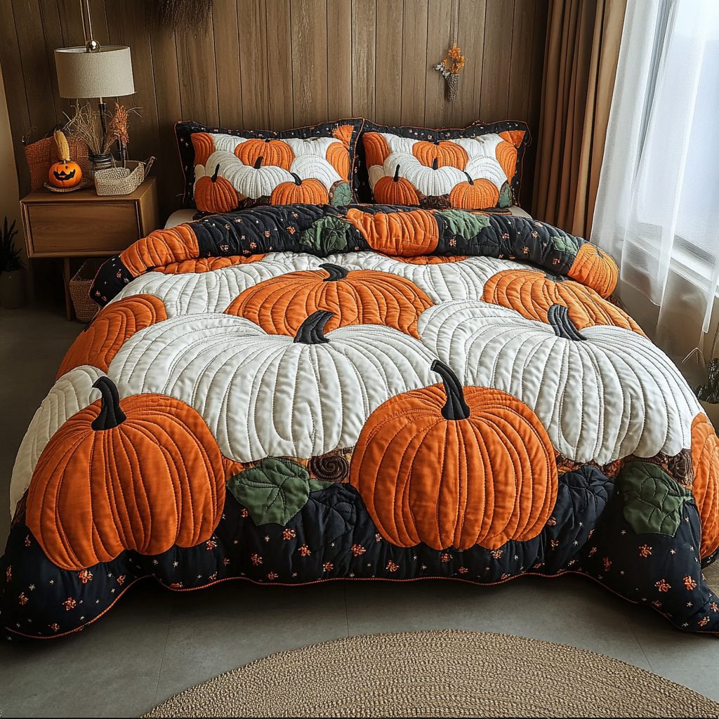 Pumpkin Dreams quilted 3-piece bedding set on a made bed against a dark styled interior