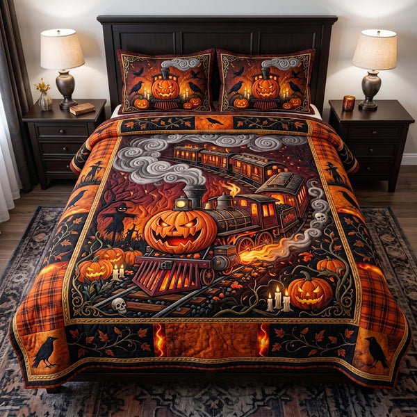 Pumpkin Express quilted 3-piece bedding set on a made bed against a dark styled interior