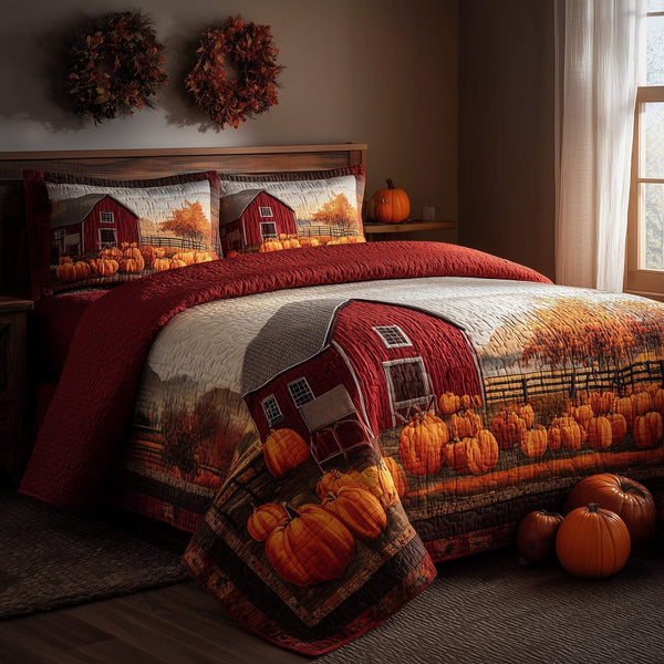 Pumpkin Farm quilted 3-piece bedding set on a made bed against a dark styled interior