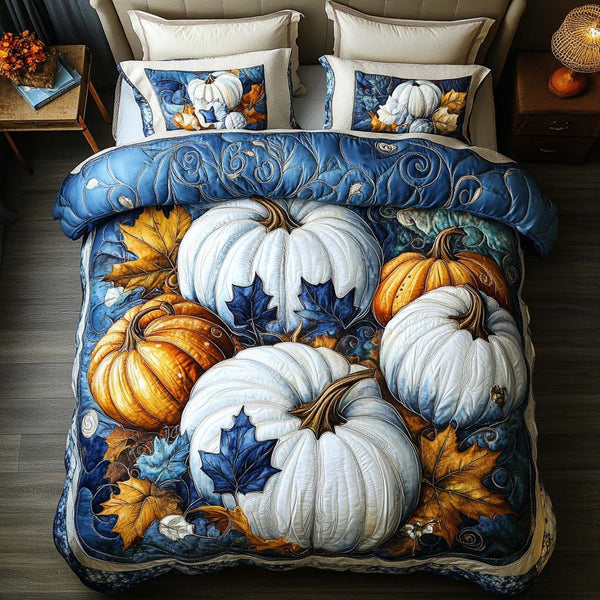 Pumpkin Farm Tales quilted 3-piece bedding set on a made bed against a dark styled interior