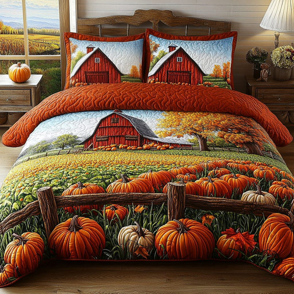 Pumpkin Field quilted 3-piece bedding set on a made bed against a dark styled interior