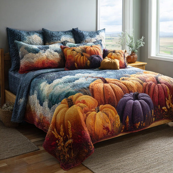 Pumpkin Field quilted 3-piece bedding set on a made bed against a dark styled interior