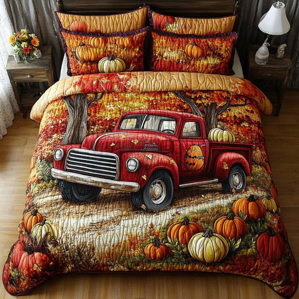 Pumpkin Fields quilted 3-piece bedding set on a made bed against a dark styled interior