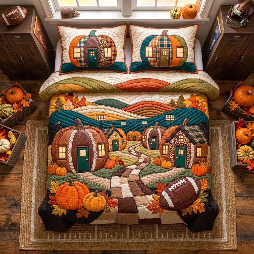 Pumpkin Football Village quilted 3-piece bedding set on a made bed against a dark styled interior