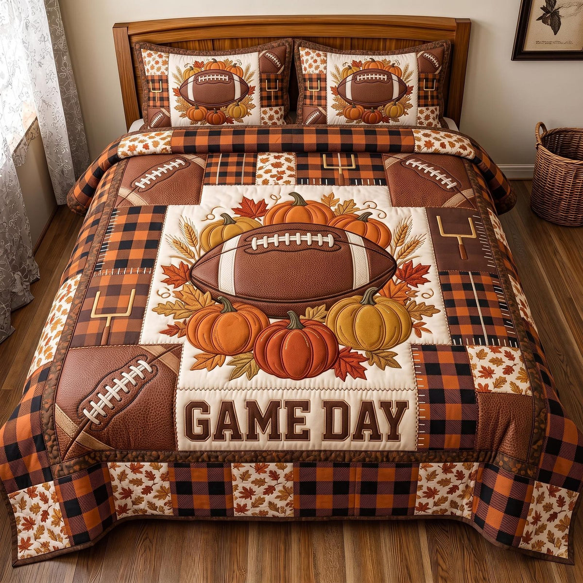 Pumpkin Game Day quilted 3-piece bedding set on a made bed against a dark styled interior