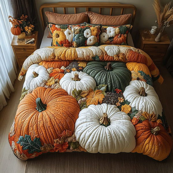 Pumpkin Garden quilted 3-piece bedding set on a made bed against a dark styled interior