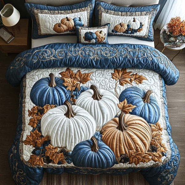 Pumpkin Gatherings quilted 3-piece bedding set on a made bed against a dark styled interior
