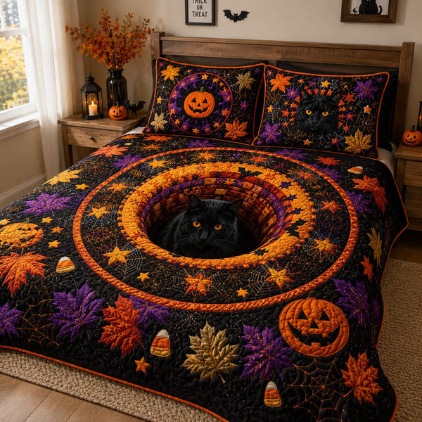 Pumpkin Gaze quilted 3-piece bedding set on a made bed against a dark styled interior
