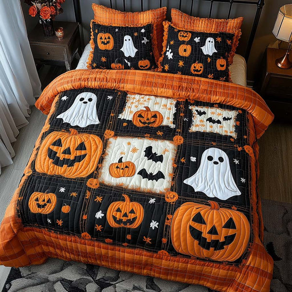 Pumpkin Ghosts quilted 3-piece bedding set on a made bed against a dark styled interior