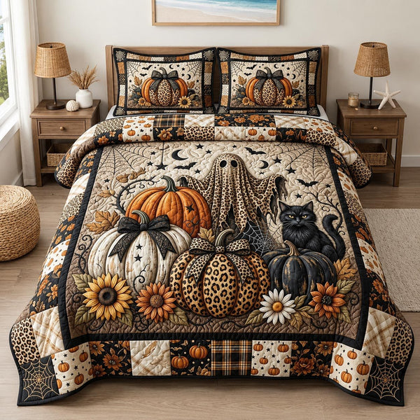 Pumpkin Glam quilted 3-piece bedding set on a made bed against a dark styled interior