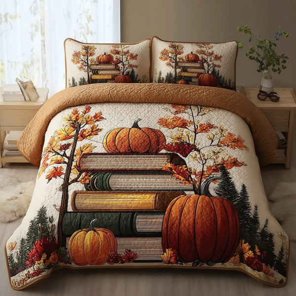 Pumpkin Glow quilted 3-piece bedding set on a made bed against a dark styled interior