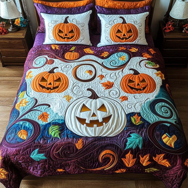 Pumpkin Glow quilted 3-piece bedding set on a made bed against a dark styled interior