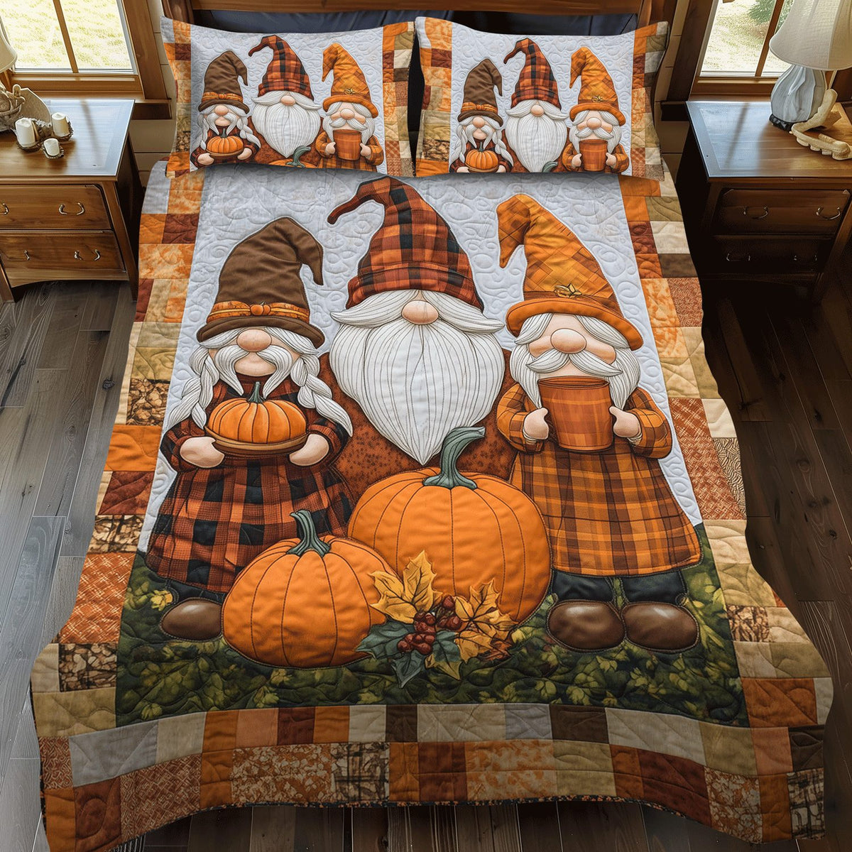 Pumpkin Gnomes quilted 3-piece bedding set on a made bed against a dark styled interior