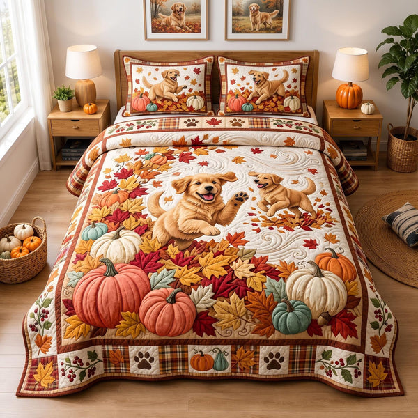 Pumpkin Golden quilted 3-piece bedding set on a made bed against a dark styled interior