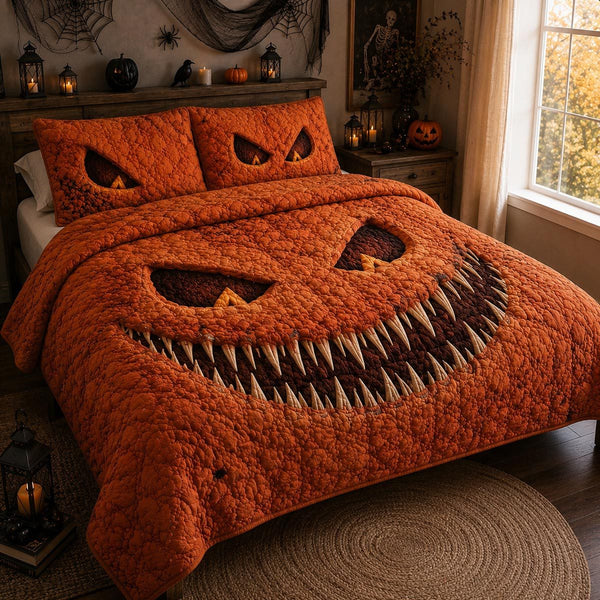 Pumpkin Grin quilted 3-piece bedding set on a made bed against a dark styled interior