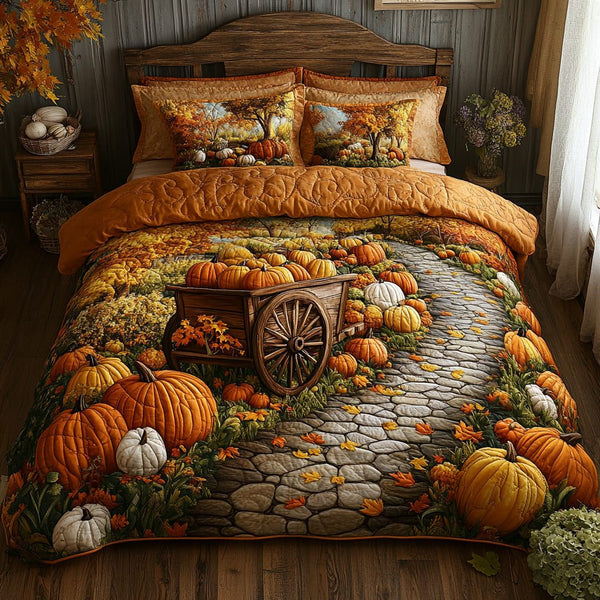 Pumpkin Grove quilted 3-piece bedding set on a made bed against a dark styled interior