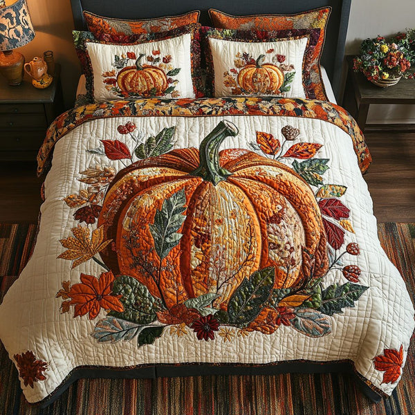 Pumpkin Grove quilted 3-piece bedding set on a made bed against a dark styled interior
