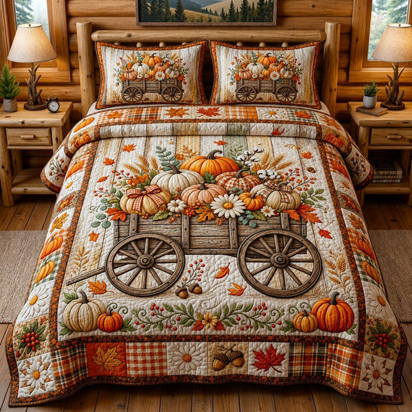 Pumpkin Harvest quilted 3-piece bedding set on a made bed against a dark styled interior