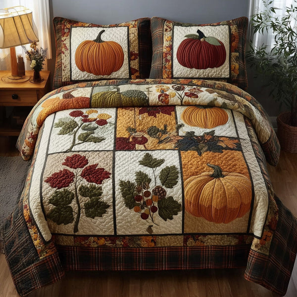 Pumpkin Harvest quilted 3-piece bedding set on a made bed against a dark styled interior