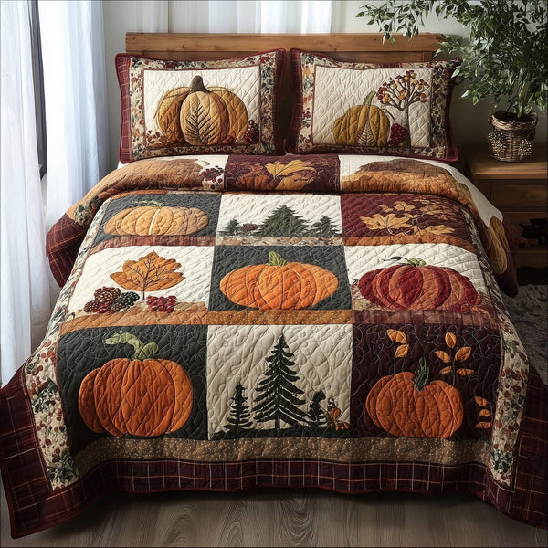 Pumpkin Harvest quilted 3-piece bedding set on a made bed against a dark styled interior