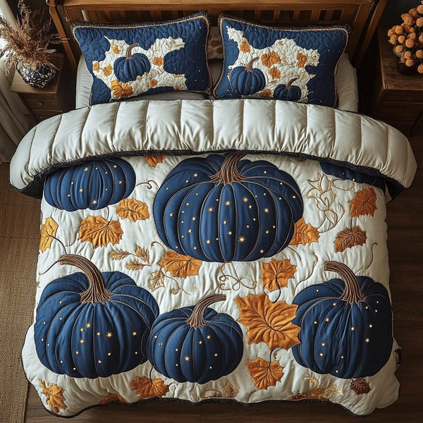 Pumpkin Harvest quilted 3-piece bedding set on a made bed against a dark styled interior
