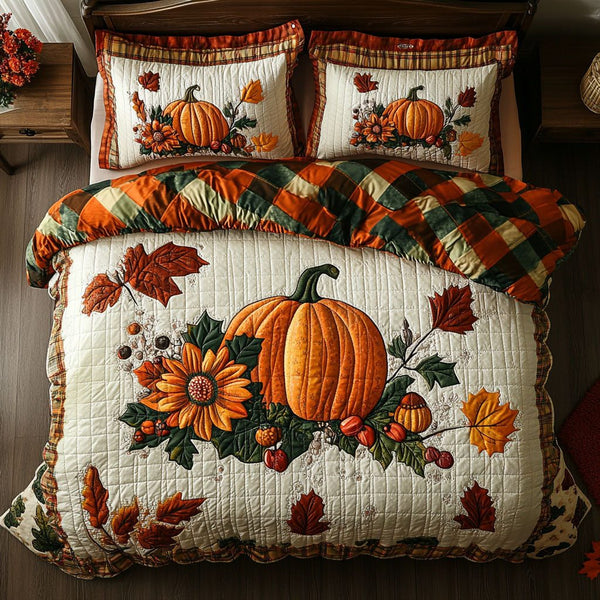 Pumpkin Harvest quilted 3-piece bedding set on a made bed against a dark styled interior