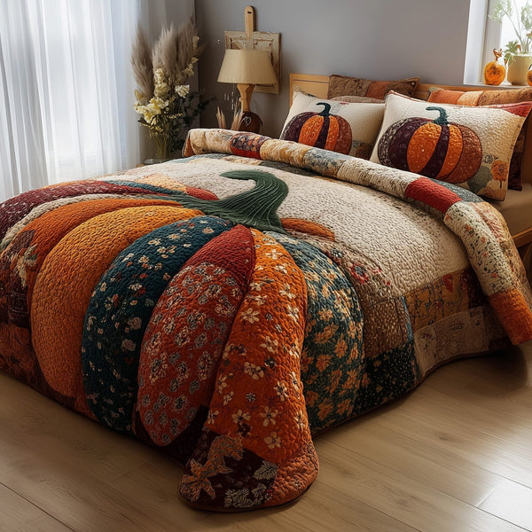 Pumpkin Haven quilted 3-piece bedding set on a made bed against a dark styled interior