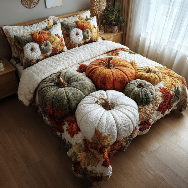 Pumpkin Haven quilted 3-piece bedding set on a made bed against a dark styled interior