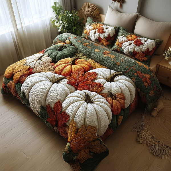 Pumpkin Haven quilted 3-piece bedding set on a made bed against a dark styled interior
