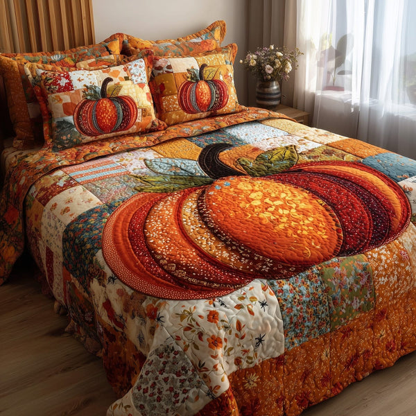 Pumpkin Haven quilted 3-piece bedding set on a made bed against a dark styled interior