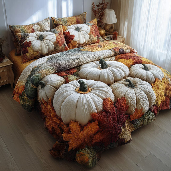 Pumpkin Haven quilted 3-piece bedding set on a made bed against a dark styled interior