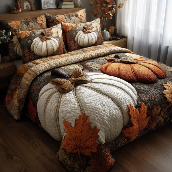 Pumpkin Haven quilted 3-piece bedding set on a made bed against a dark styled interior