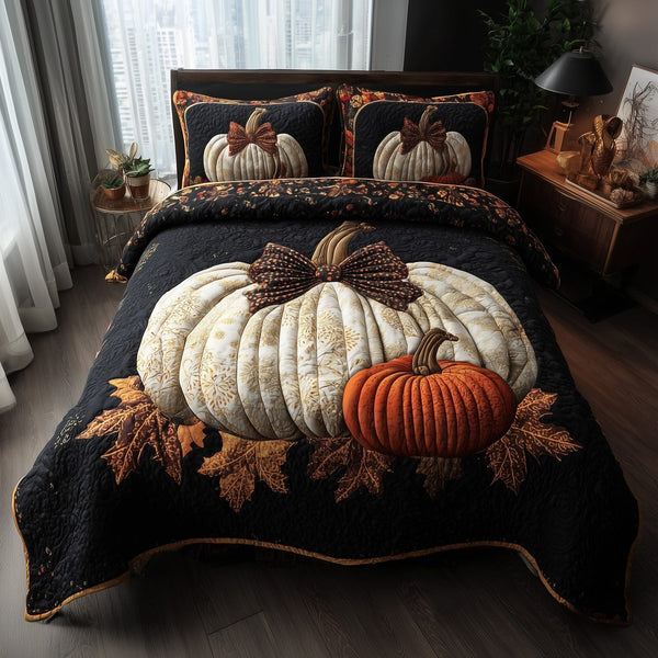 Pumpkin Haven quilted 3-piece bedding set on a made bed against a dark styled interior
