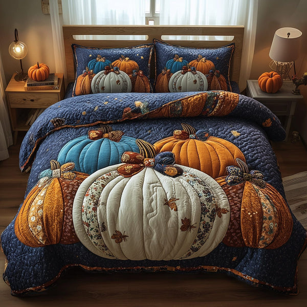 Pumpkin Haven quilted 3-piece bedding set on a made bed against a dark styled interior