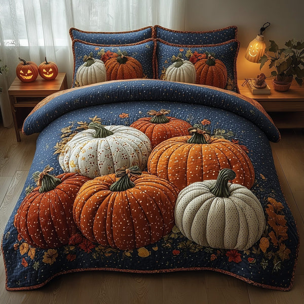 Pumpkin Haven quilted 3-piece bedding set on a made bed against a dark styled interior