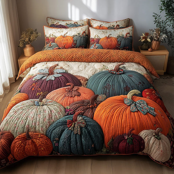 Pumpkin Haven quilted 3-piece bedding set on a made bed against a dark styled interior
