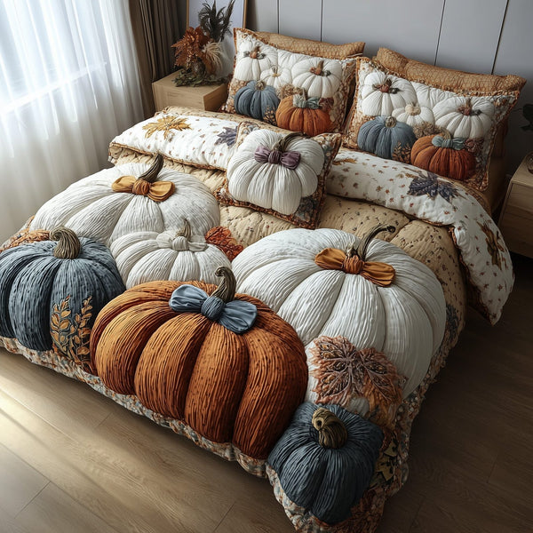 Pumpkin Haven quilted 3-piece bedding set on a made bed against a dark styled interior