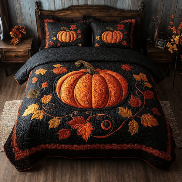 Pumpkin Haven quilted 3-piece bedding set on a made bed against a dark styled interior