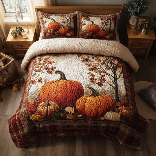 Pumpkin Heaven quilted 3-piece bedding set on a made bed against a dark styled interior