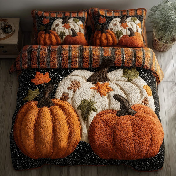 Pumpkin Heaven quilted 3-piece bedding set on a made bed against a dark styled interior