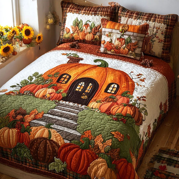 Pumpkin Hollow Cottage quilted 3-piece bedding set on a made bed against a dark styled interior