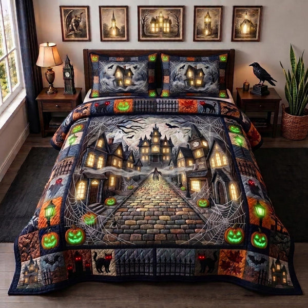 Pumpkin Hollow quilted 3-piece bedding set on a made bed against a dark styled interior