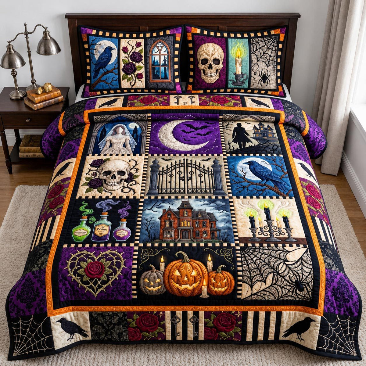 Pumpkin Hollow quilted 3-piece bedding set on a made bed against a dark styled interior