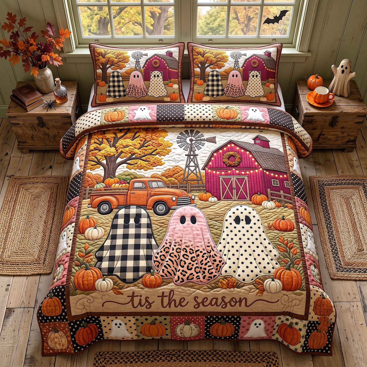 Pumpkin Hollow quilted 3-piece bedding set on a made bed against a dark styled interior