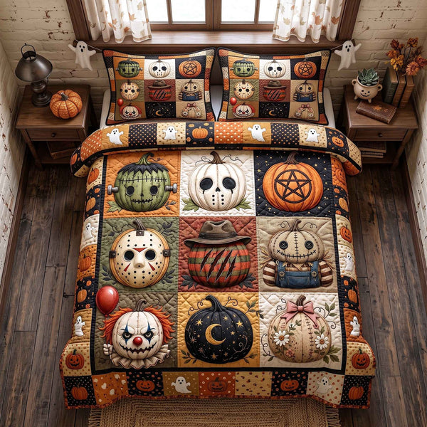 Pumpkin Hollow quilted 3-piece bedding set on a made bed against a dark styled interior