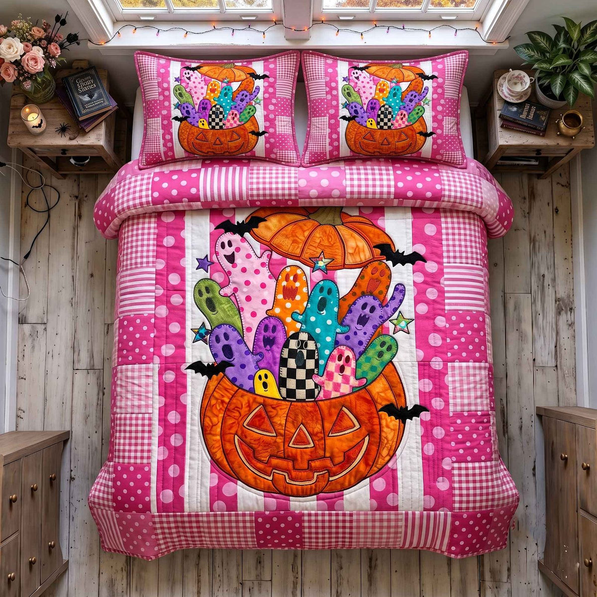 Pumpkin Hollow quilted 3-piece bedding set on a made bed against a dark styled interior