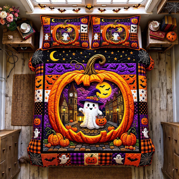 Pumpkin Hollow quilted 3-piece bedding set on a made bed against a dark styled interior