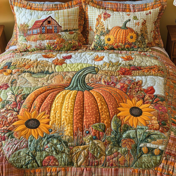 Pumpkin Hollow quilted 3-piece bedding set on a made bed against a dark styled interior