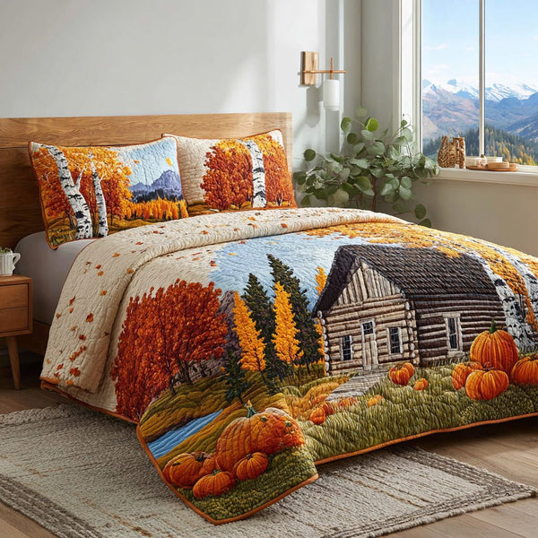 Pumpkin Homestead quilted 3-piece bedding set on a made bed against a dark styled interior