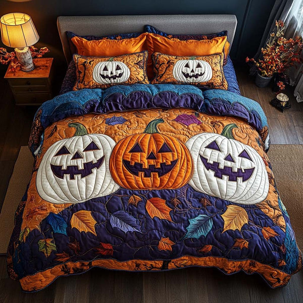 Pumpkin Hour quilted 3-piece bedding set on a made bed against a dark styled interior